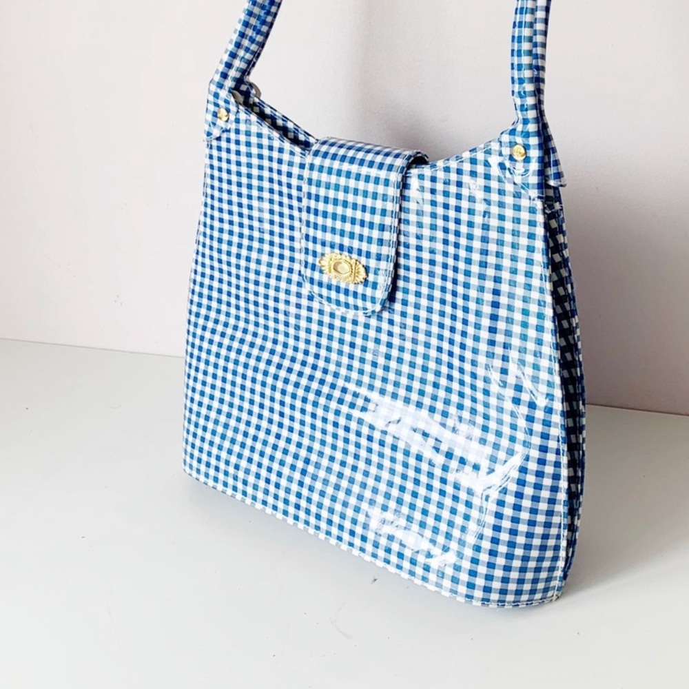 ⭐️SOLD⭐️ large patent white and blue gingham shoulder bag - Picture 1 of 10